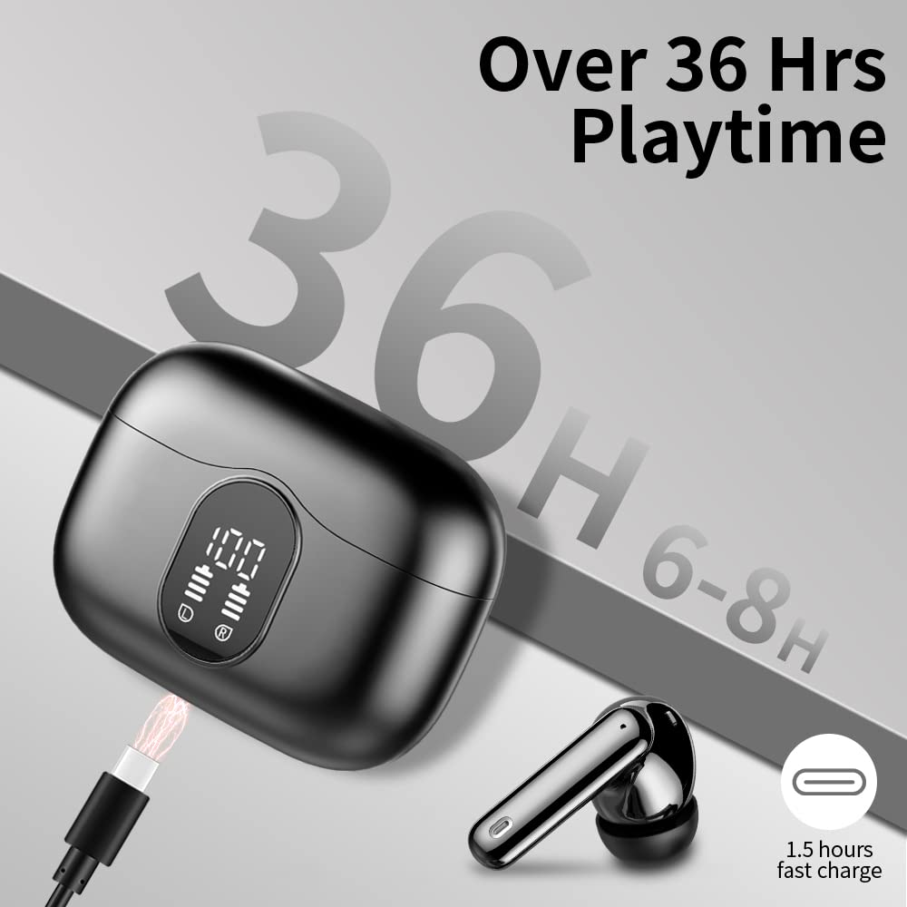 Wireless Earbuds Bluetooth 5.4 Headphones Bass Stereo Ear Buds with Noise Cancelling Mic LED Display in Ear Earphones IP7 Waterproof 36H Playtime for Laptop Pad Phones Sports Workout White