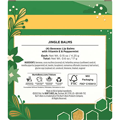 Lip Balm - Beeswax, Strawberry, Coconut and Pear, and Vanilla Bean, With Responsibly Sourced Beeswax, Tint-Free, Natural Origin Lip Treatment, 4 Tubes, 0.15 oz.