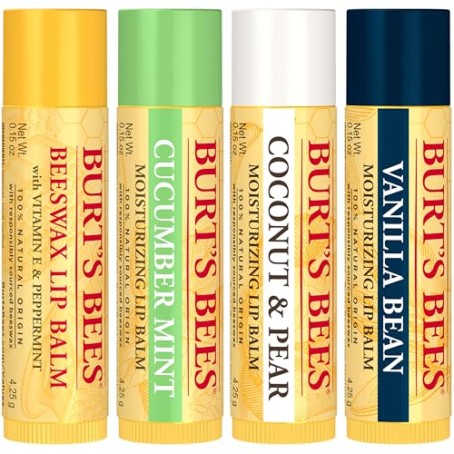 Lip Balm - Beeswax, Strawberry, Coconut and Pear, and Vanilla Bean, With Responsibly Sourced Beeswax, Tint-Free, Natural Origin Lip Treatment, 4 Tubes, 0.15 oz.