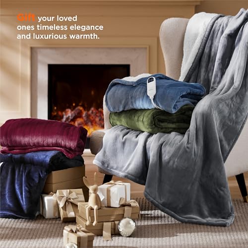 Electric Heated Blanket/Throw - Seamless Flannel Electric Blanket, Heating Blanket with 4 Time Settings & 6 Heat Settings, Warm Blanket Gift for Grandma (50x60 inches, Black)