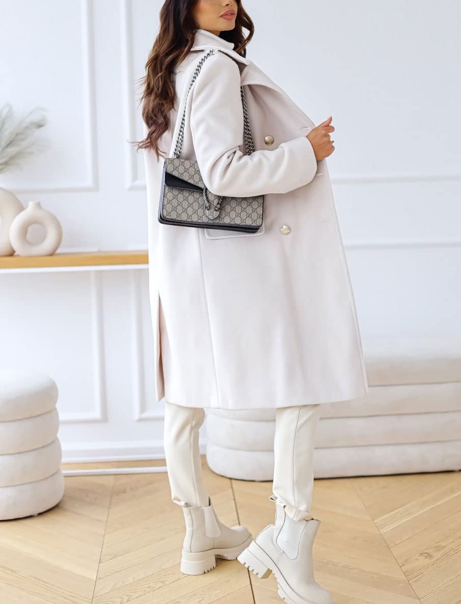 chouyatou Damen Wintermantel mit Revers, zweireihig, für Büro und Arbeit, lang, Wolle, Peacoat