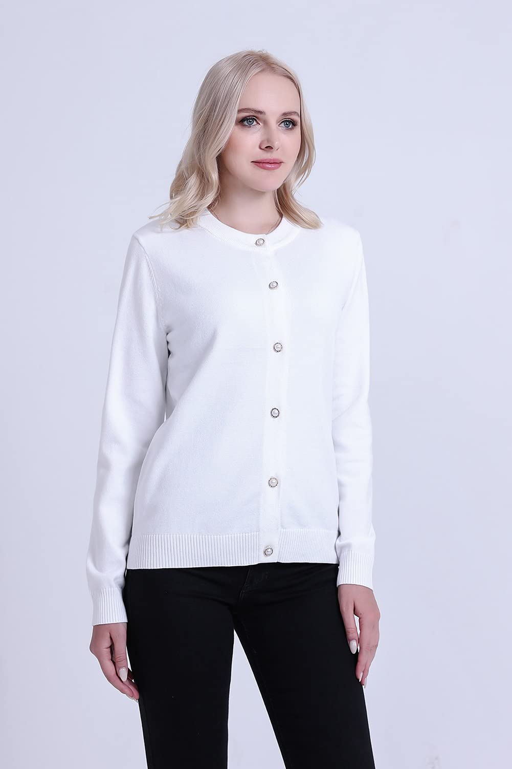 SMILING PINKER Women Cardigan Sweater Crewneck Pearl Button Knitted Tops Medium Weight