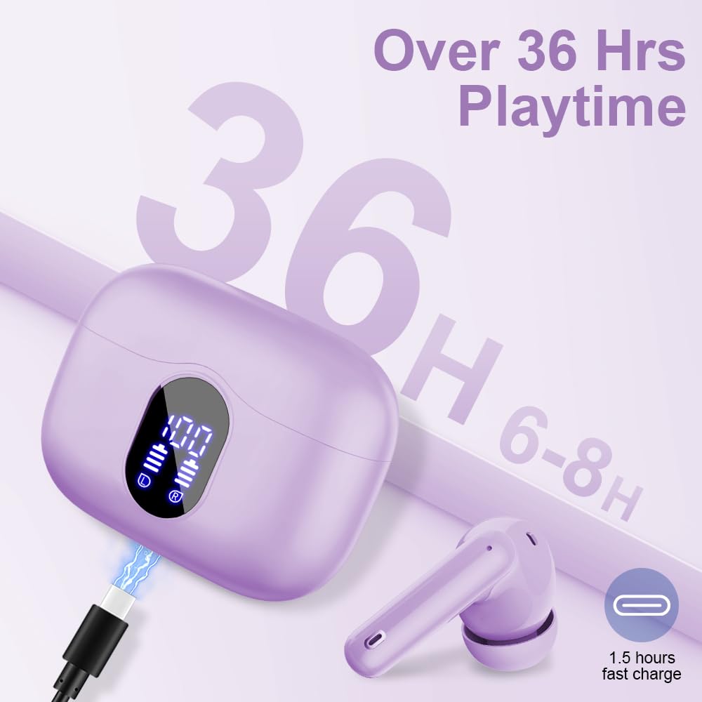 Wireless Earbuds Bluetooth 5.4 Headphones Bass Stereo Ear Buds with Noise Cancelling Mic LED Display in Ear Earphones IP7 Waterproof 36H Playtime for Laptop Pad Phones Sports Workout White