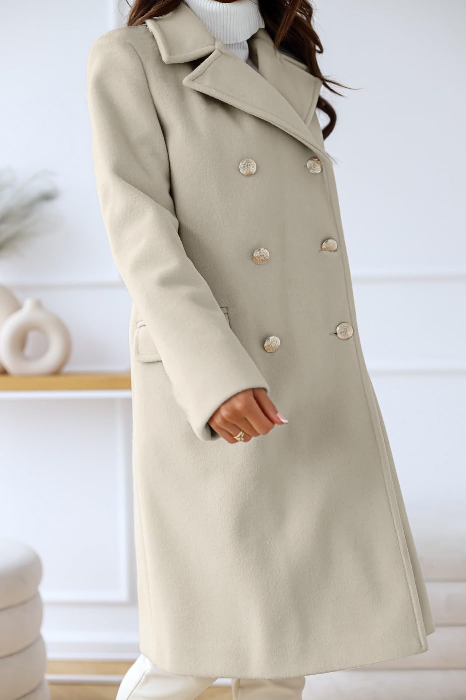 chouyatou Damen Wintermantel mit Revers, zweireihig, für Büro und Arbeit, lang, Wolle, Peacoat