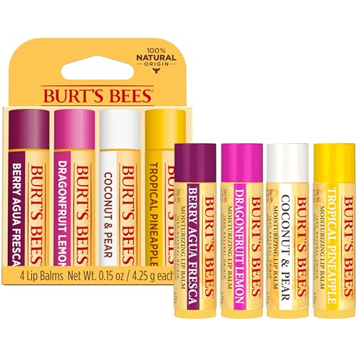 Lip Balm - Beeswax, Strawberry, Coconut and Pear, and Vanilla Bean, With Responsibly Sourced Beeswax, Tint-Free, Natural Origin Lip Treatment, 4 Tubes, 0.15 oz.