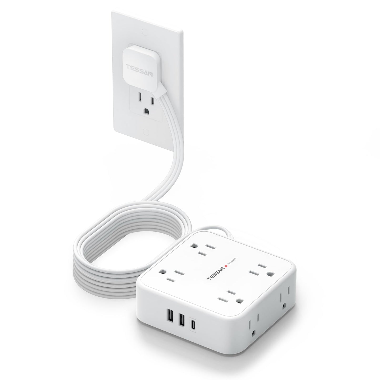 Surge Protector Flat Extension Cord Flat Plug Power Strip, 8 AC Outlets, 3 USB Charger(1 USB C Port) 3-Sided Outlet Extender, 5 Ft, 900 Joules Protection