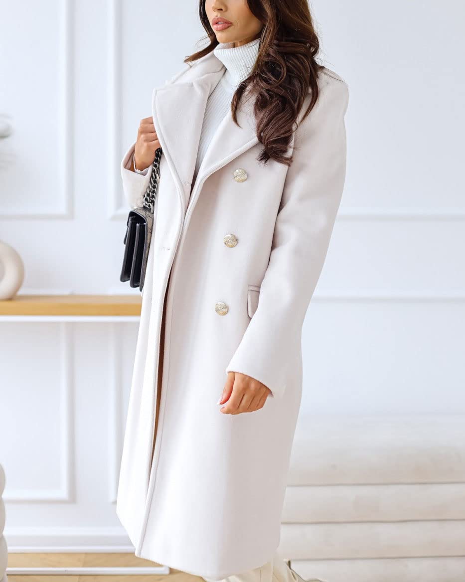 chouyatou Damen Wintermantel mit Revers, zweireihig, für Büro und Arbeit, lang, Wolle, Peacoat
