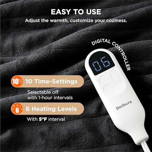 Electric Heated Blanket/Throw - Seamless Flannel Electric Blanket, Heating Blanket with 4 Time Settings & 6 Heat Settings, Warm Blanket Gift for Grandma (50x60 inches, Black)