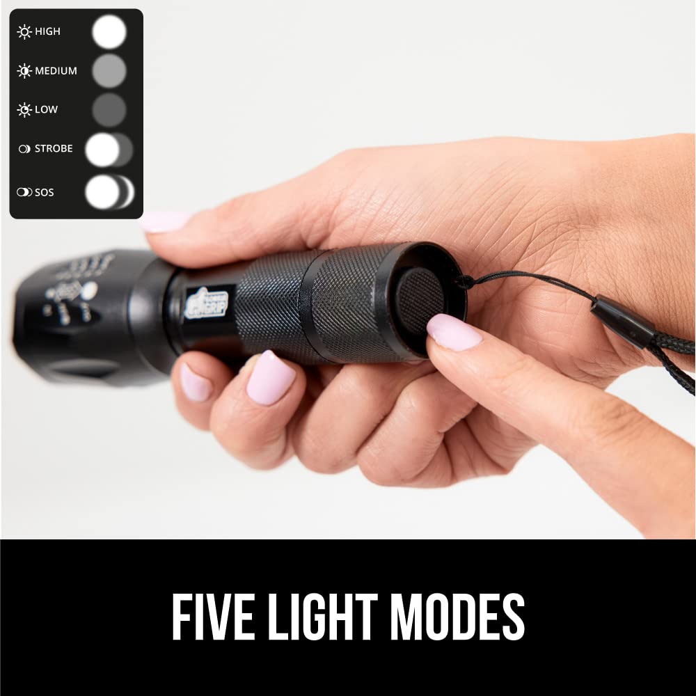 Gorilla Grip Leistungsstarke LED-Taschenlampe, 237 m, wasserfest, 5 einstellbare Modi, taktische Taschenlampe, hohe Lumen, ultrahelle Akku-Zoom-Taschenlampen, kleines Mini-Taschenlampen-Zubehör fürs Campingauto, 2er-Pack, Gold