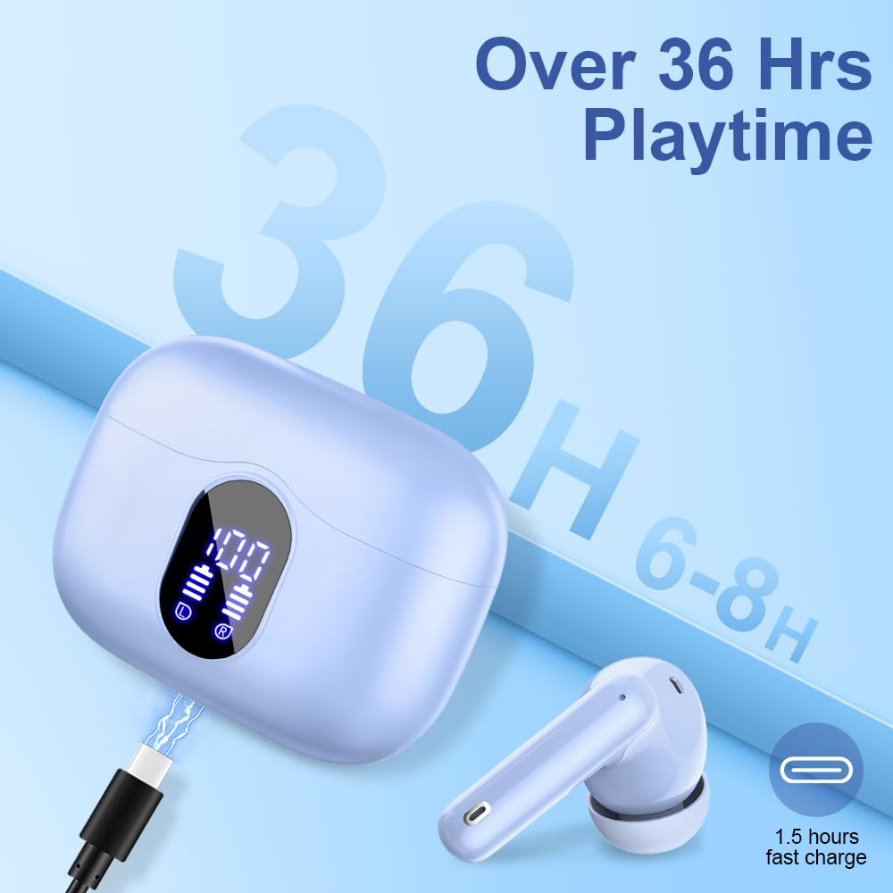 Wireless Earbuds Bluetooth 5.4 Headphones Bass Stereo Ear Buds with Noise Cancelling Mic LED Display in Ear Earphones IP7 Waterproof 36H Playtime for Laptop Pad Phones Sports Workout White