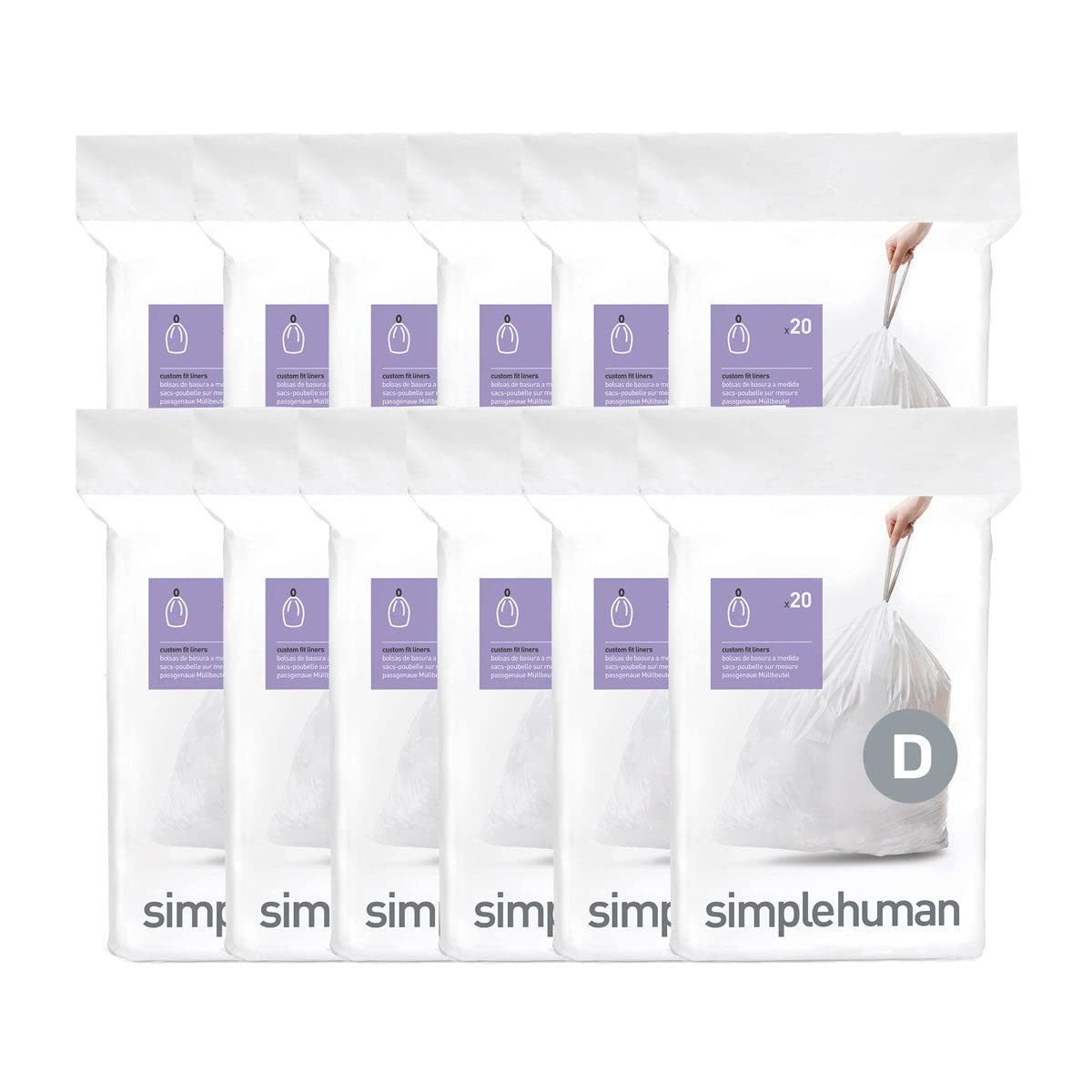 simplehuman Code H 60 Count, Genuine Custom Fit Liners, Drawstring Trash Bags in Dispenser Packs, 30-35 Liter / 8-9.2 Gallon, White