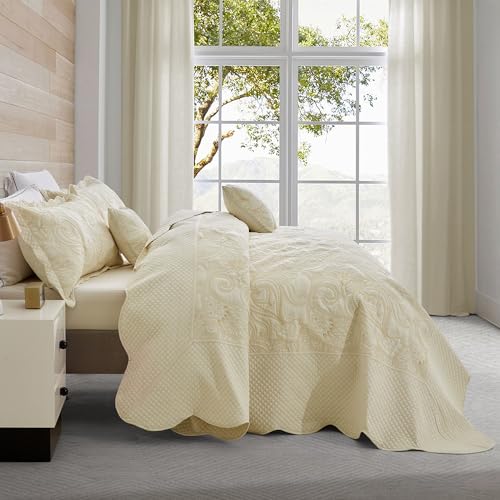 Oversized King Bedspread 128x120 Extra Wide, Paisley Pattern Design, Lightweight Bedding Cover, Reversible, 5 Piece, 100% Microfiber, King/Cal King, Pure White