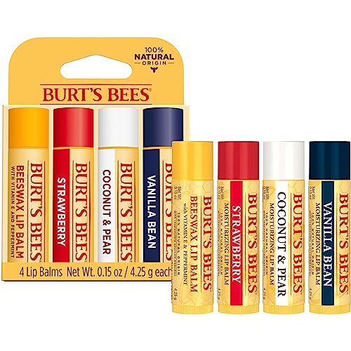 Lip Balm - Beeswax, Strawberry, Coconut and Pear, and Vanilla Bean, With Responsibly Sourced Beeswax, Tint-Free, Natural Origin Lip Treatment, 4 Tubes, 0.15 oz.