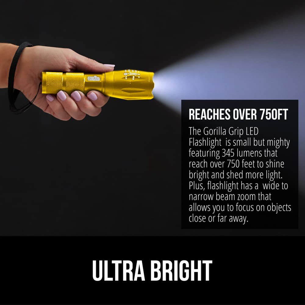 Gorilla Grip Leistungsstarke LED-Taschenlampe, 237 m, wasserfest, 5 einstellbare Modi, taktische Taschenlampe, hohe Lumen, ultrahelle Akku-Zoom-Taschenlampen, kleines Mini-Taschenlampen-Zubehör fürs Campingauto, 2er-Pack, Gold