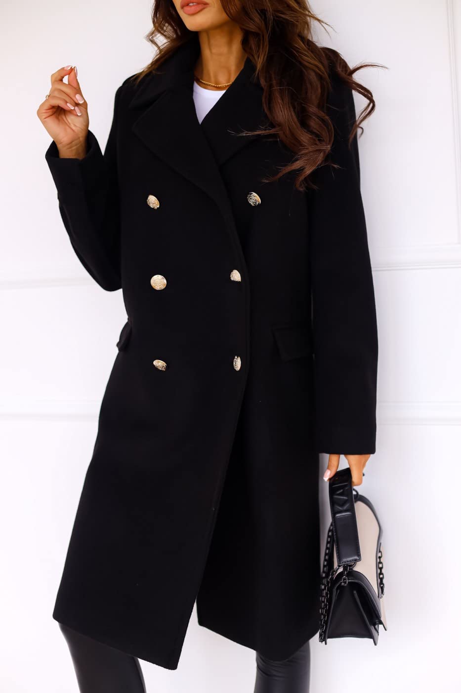 chouyatou Damen Wintermantel mit Revers, zweireihig, für Büro und Arbeit, lang, Wolle, Peacoat