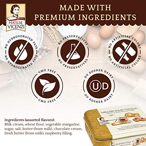 Millefoglie D'Italia Fine Selection of Italian Puff Pastries, Assortment of Vanilla, Chocolate, Butter & Raspberry Cookies, 13.23 oz (375g)