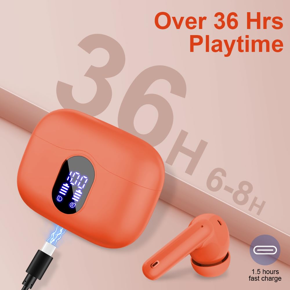 Wireless Earbuds Bluetooth 5.4 Headphones Bass Stereo Ear Buds with Noise Cancelling Mic LED Display in Ear Earphones IP7 Waterproof 36H Playtime for Laptop Pad Phones Sports Workout White