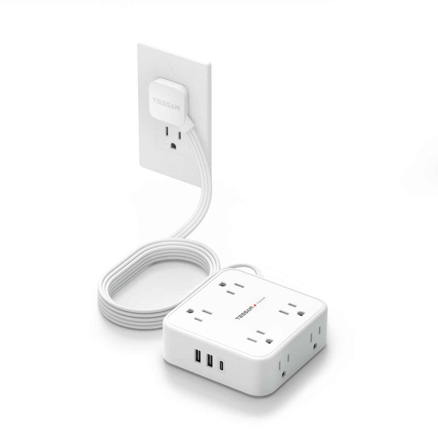 Surge Protector Flat Extension Cord Flat Plug Power Strip, 8 AC Outlets, 3 USB Charger(1 USB C Port) 3-Sided Outlet Extender, 5 Ft, 900 Joules Protection