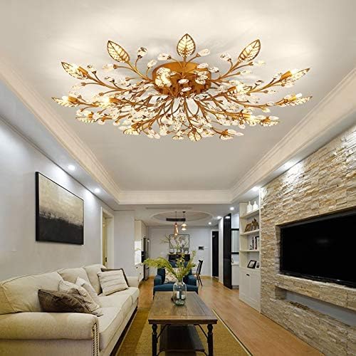 Moderne Deckenleuchte aus Kristall, halbbündiger Kronleuchter, Deckenleuchte aus Kristallblättern, Kronleuchter für Esszimmer, Wohnzimmer, Schlafzimmer (Gold, 12 Lichter)