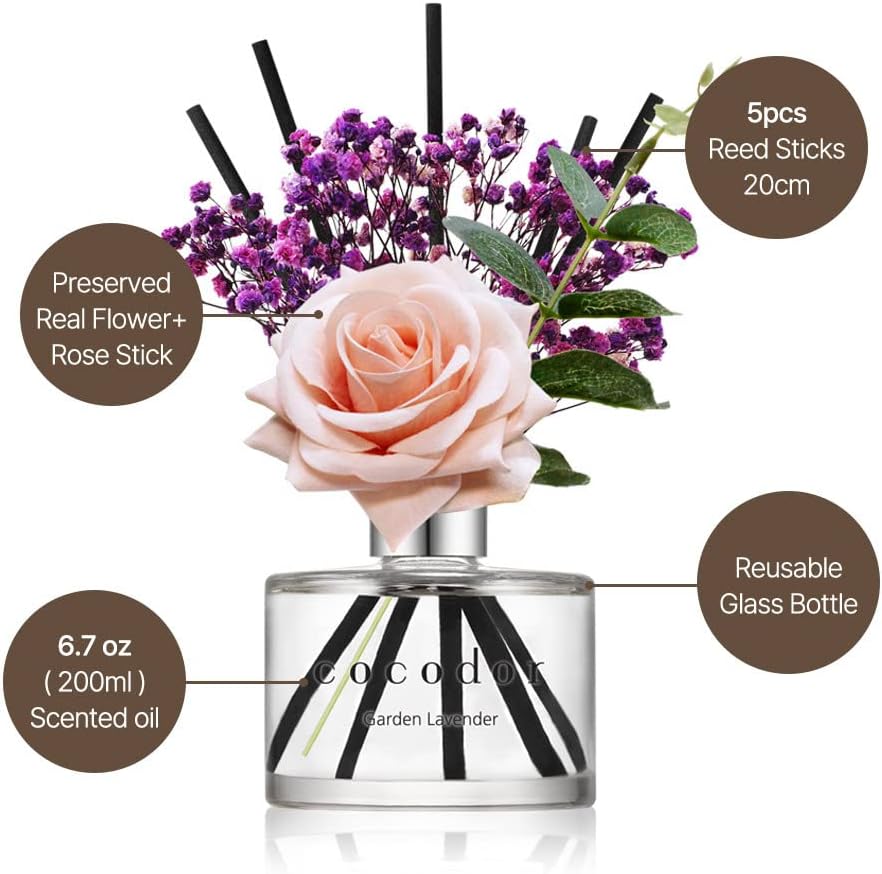 COCODOR Flower Reed Diffuser Set / 6.7oz / White Jasmine/Scent Diffuser with Sticks Home Fragrance Reed Diffuser for Bathroom Shelf Decor