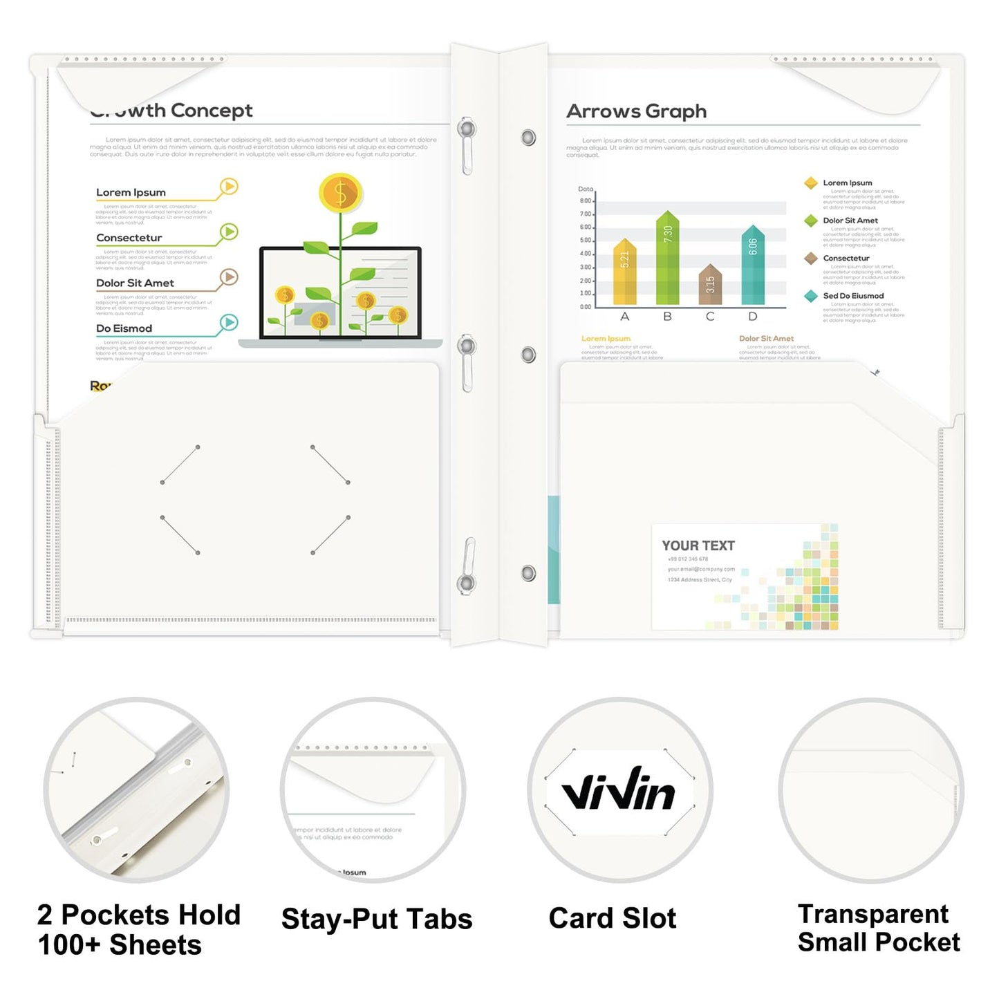Chemises en plastique épais ViVin avec pochettes et broches, deux poches, poche avant transparente et onglets de maintien, lot de 6, pour papier au format lettre US, pour l'école et le bureau - Blanc