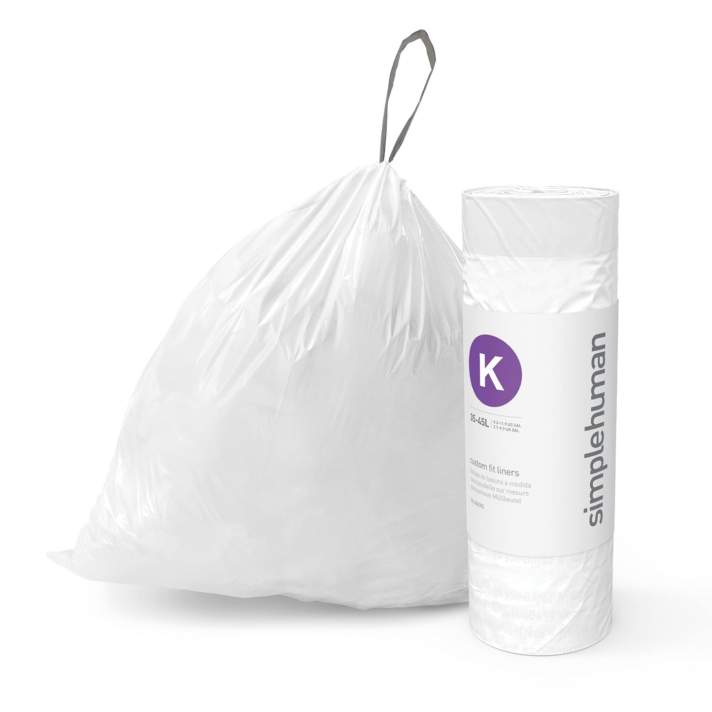 simplehuman Code H 60 Count, Genuine Custom Fit Liners, Drawstring Trash Bags in Dispenser Packs, 30-35 Liter / 8-9.2 Gallon, White