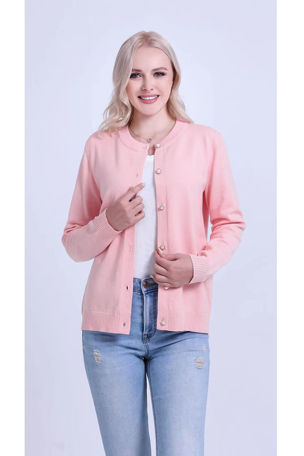 SMILING PINKER Women Cardigan Sweater Crewneck Pearl Button Knitted Tops Medium Weight