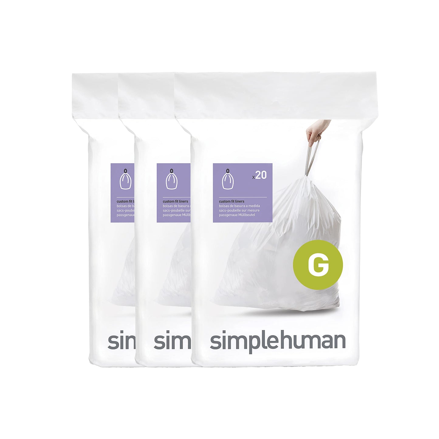 simplehuman Code H 60 Count, Genuine Custom Fit Liners, Drawstring Trash Bags in Dispenser Packs, 30-35 Liter / 8-9.2 Gallon, White