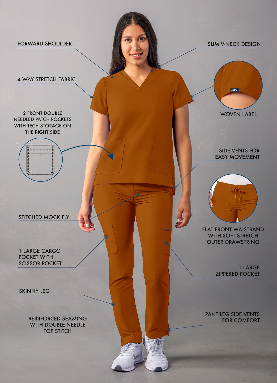 Ensemble de gommage Adar Addition Go-Basic pour femme - Haut de gommage slim à col en V et pantalon de gommage cargo skinny