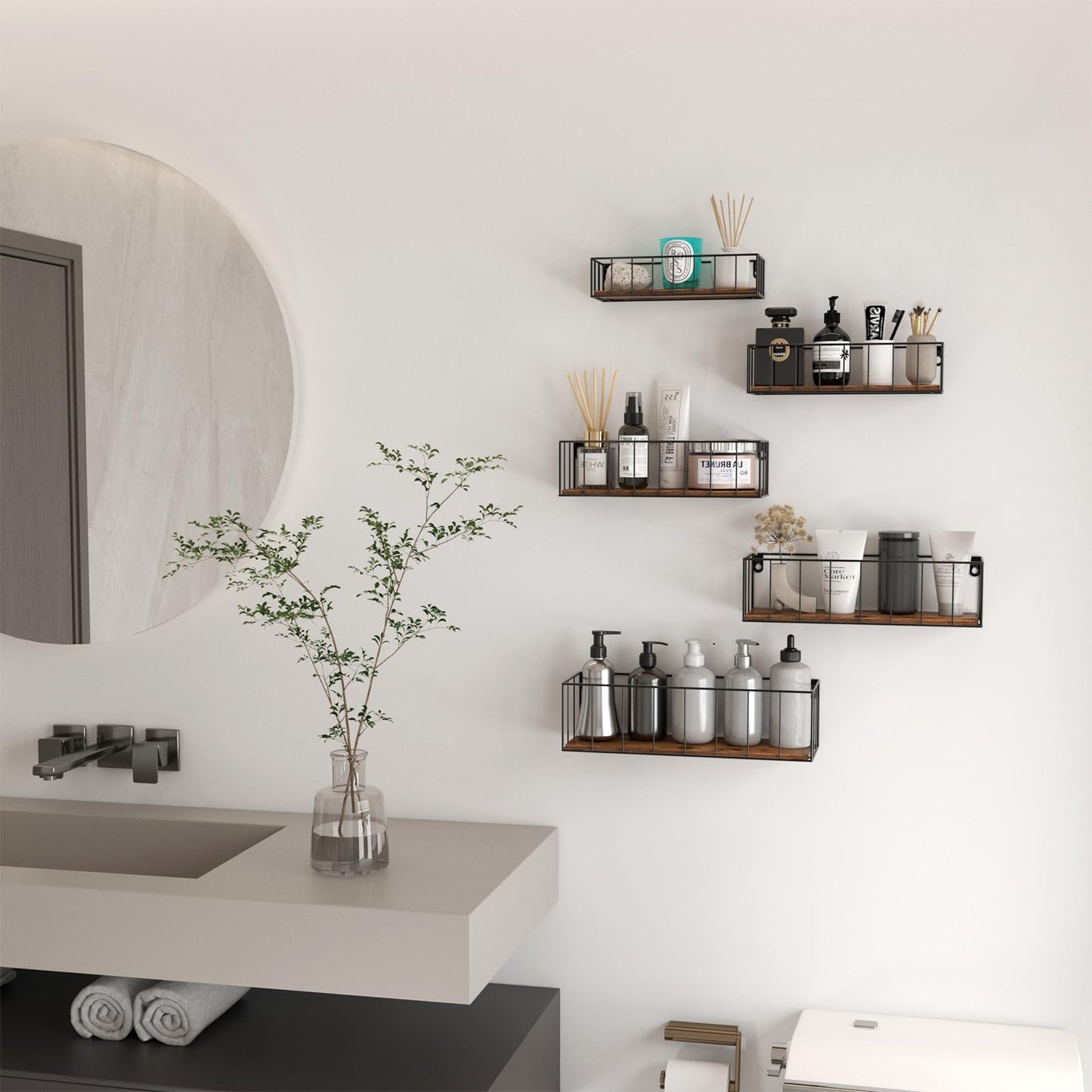 Floating Shelves Wall Mounted Set of 5, Hanging Wall Shelf with Rail for Bathroom, Bedroom, Living Room, Kitchen