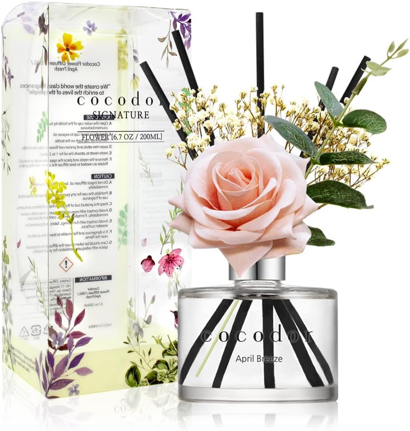 COCODOR Flower Reed Diffuser Set / 6.7oz / White Jasmine/Scent Diffuser with Sticks Home Fragrance Reed Diffuser for Bathroom Shelf Decor