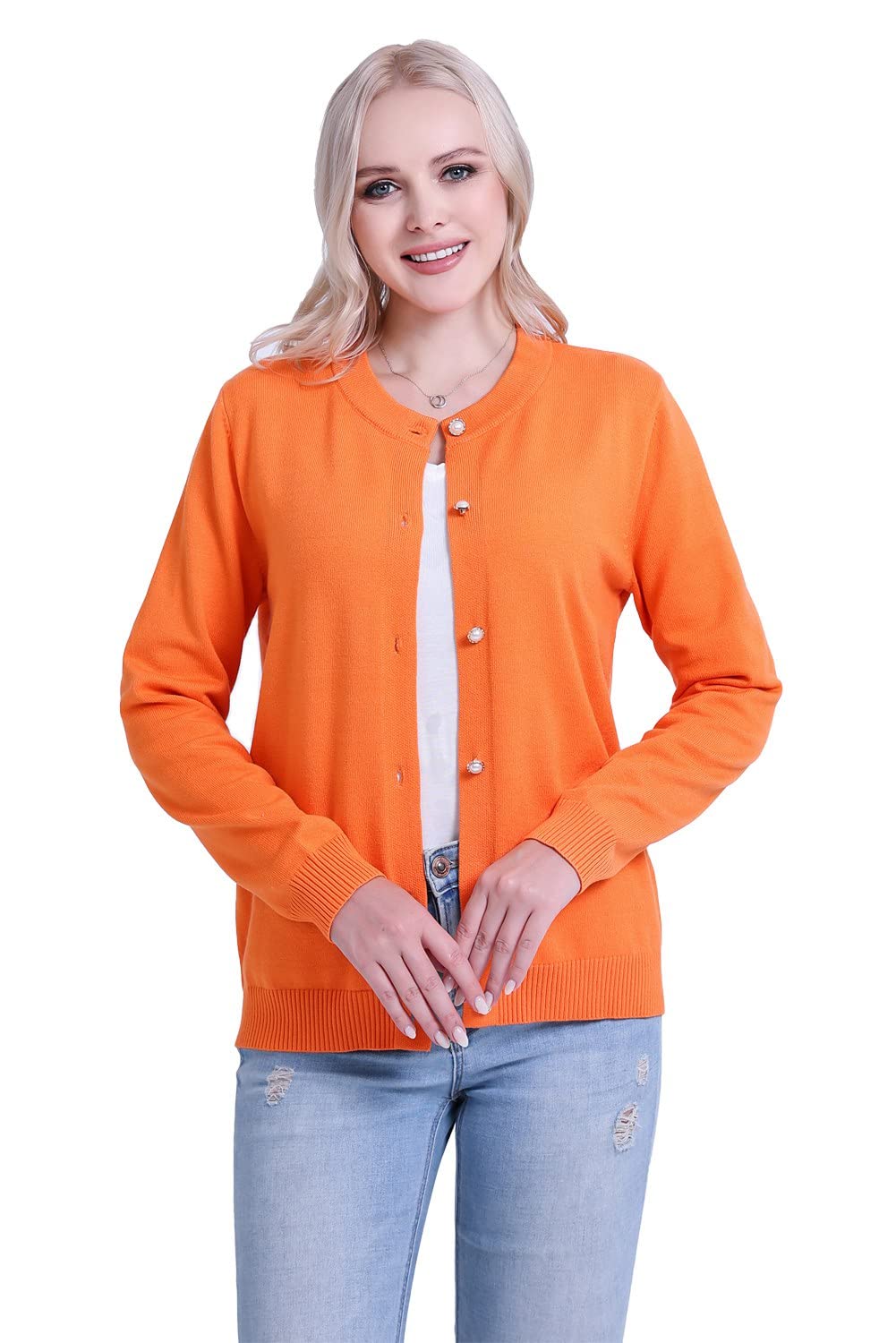 SMILING PINKER Women Cardigan Sweater Crewneck Pearl Button Knitted Tops Medium Weight