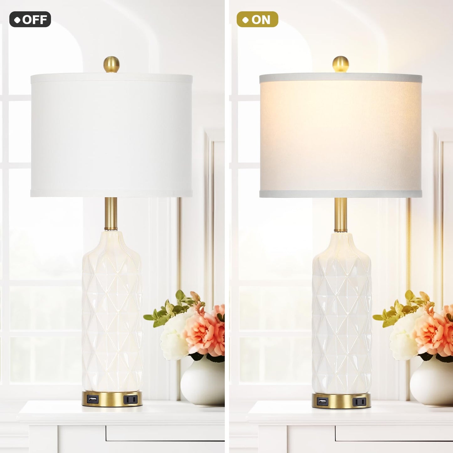 27-Zoll-Tischlampen aus Glas, 2er-Set mit Nachtlicht, moderne Nachttischlampen mit 3-Wege-Touch-Steuerung, USB-A+C-Anschlüssen und AC-Steckdose, gelbe Nachttischlampen im Boho-Stil für das Wohnzimmer im Schlafzimmer