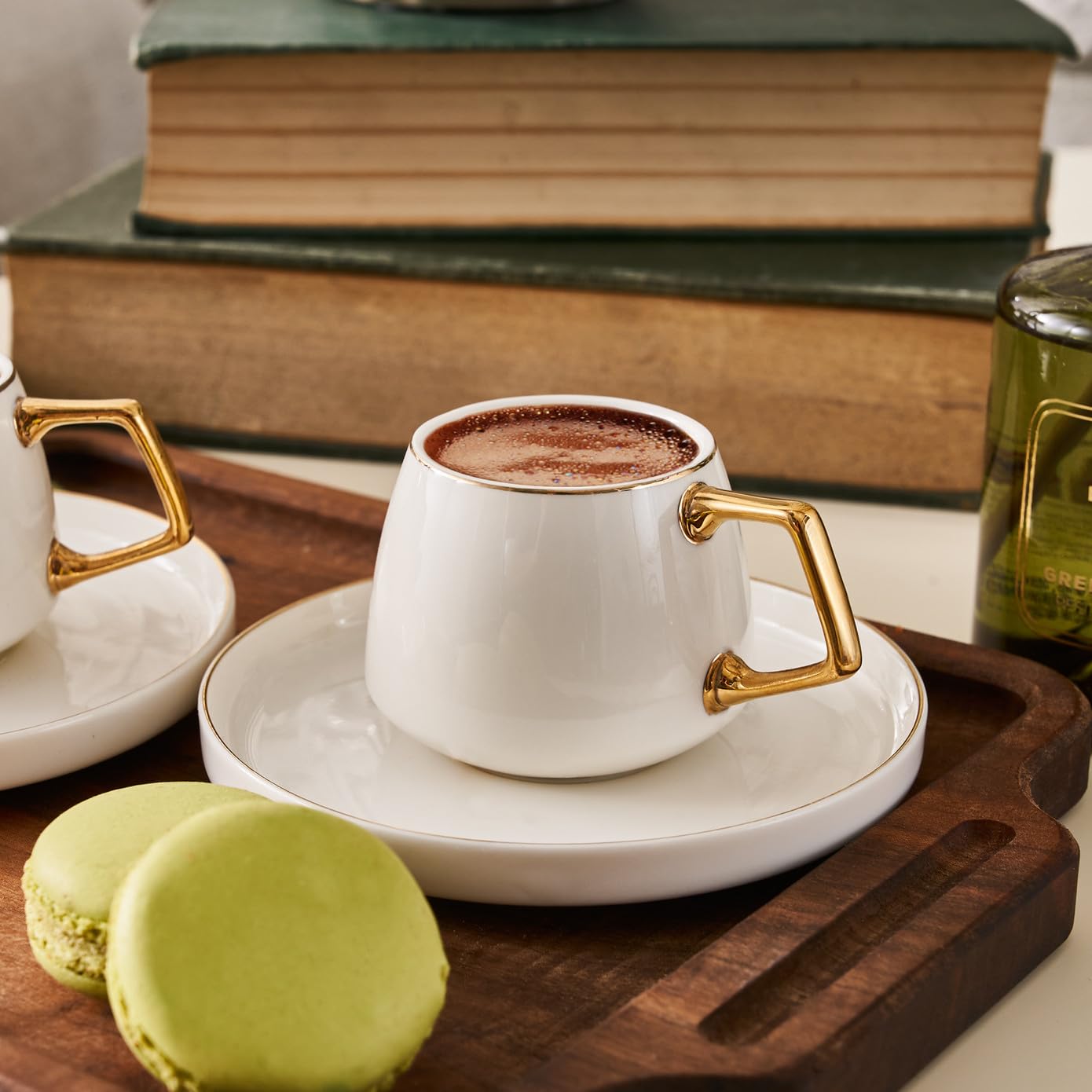 KARACA Globe Turkish Coffee Cup Set of 6, 80ml, 2.7 oz, Small Espresso Cups with Saucers, Porcelain, Black Patterns and Gold Handles, Ideal for Serving Coffee, Espresso, and Cappuccino