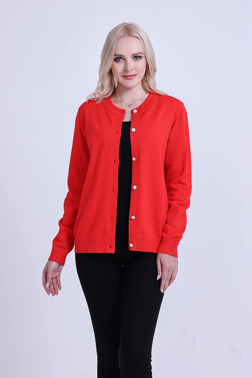 SMILING PINKER Women Cardigan Sweater Crewneck Pearl Button Knitted Tops Medium Weight