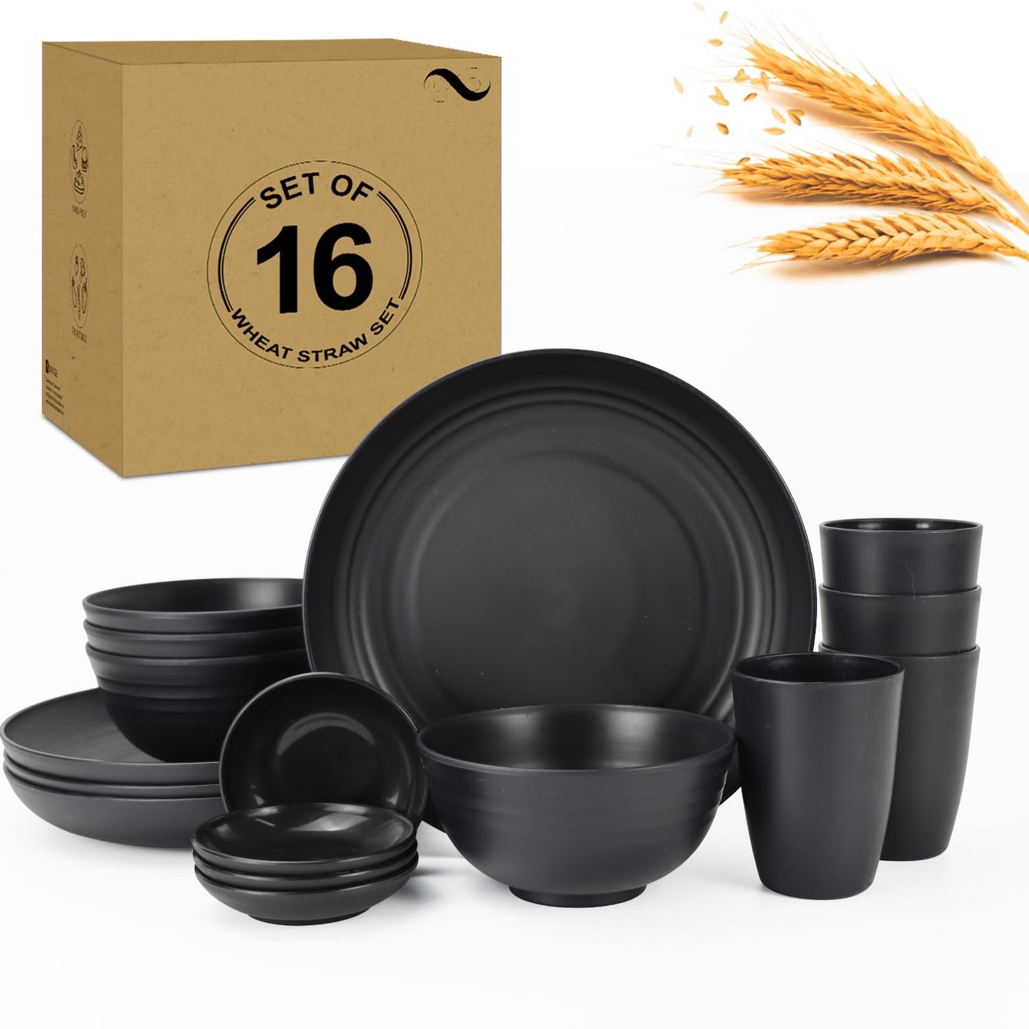 28 Piece Wheat Straw Dinnerware Sets,Dishwasher & Microwave Safe Plates and Bowls Sets - Unbreakable Plastic Dinnerware Sets for 4 Dinner Plates, Cups, Cereal Bowls - Colorful Series