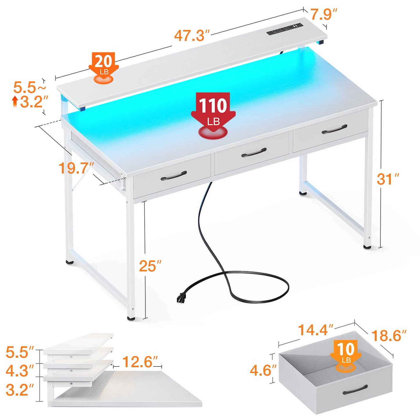 ODK 54-Zoll-Computertisch mit 3 Schubladen und USB-Steckdosen, Home-Office-Schreibtische mit LED-Leuchten und verstellbarem Monitorständer, Arbeiten von zu Hause, moderner Arbeits-/Schreib-/Studiertisch für Schlafzimmer, Schwarz