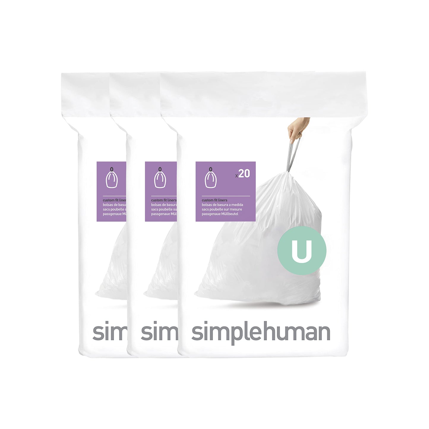 simplehuman Code H 60 Count, Genuine Custom Fit Liners, Drawstring Trash Bags in Dispenser Packs, 30-35 Liter / 8-9.2 Gallon, White