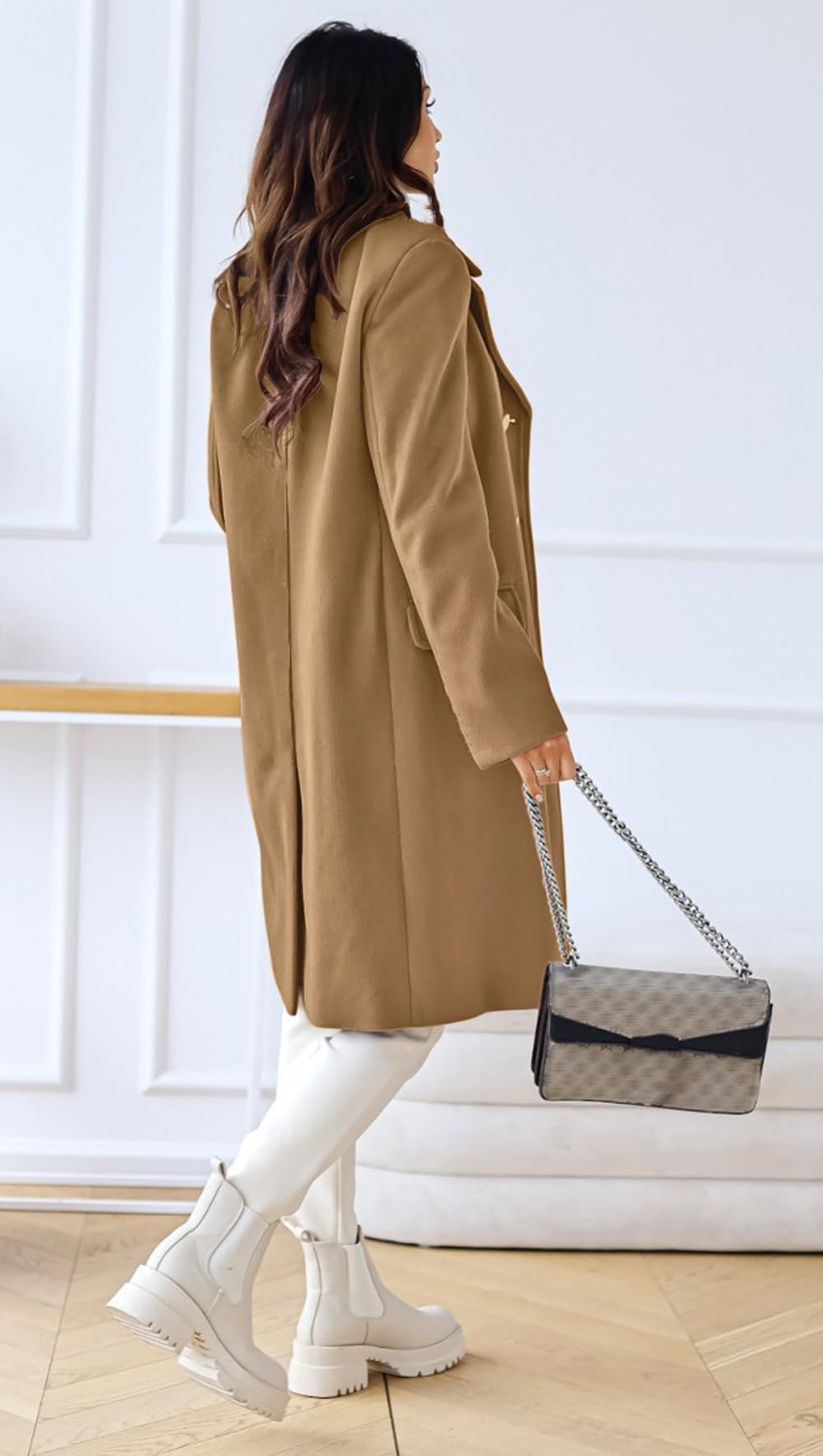 chouyatou Damen Wintermantel mit Revers, zweireihig, für Büro und Arbeit, lang, Wolle, Peacoat