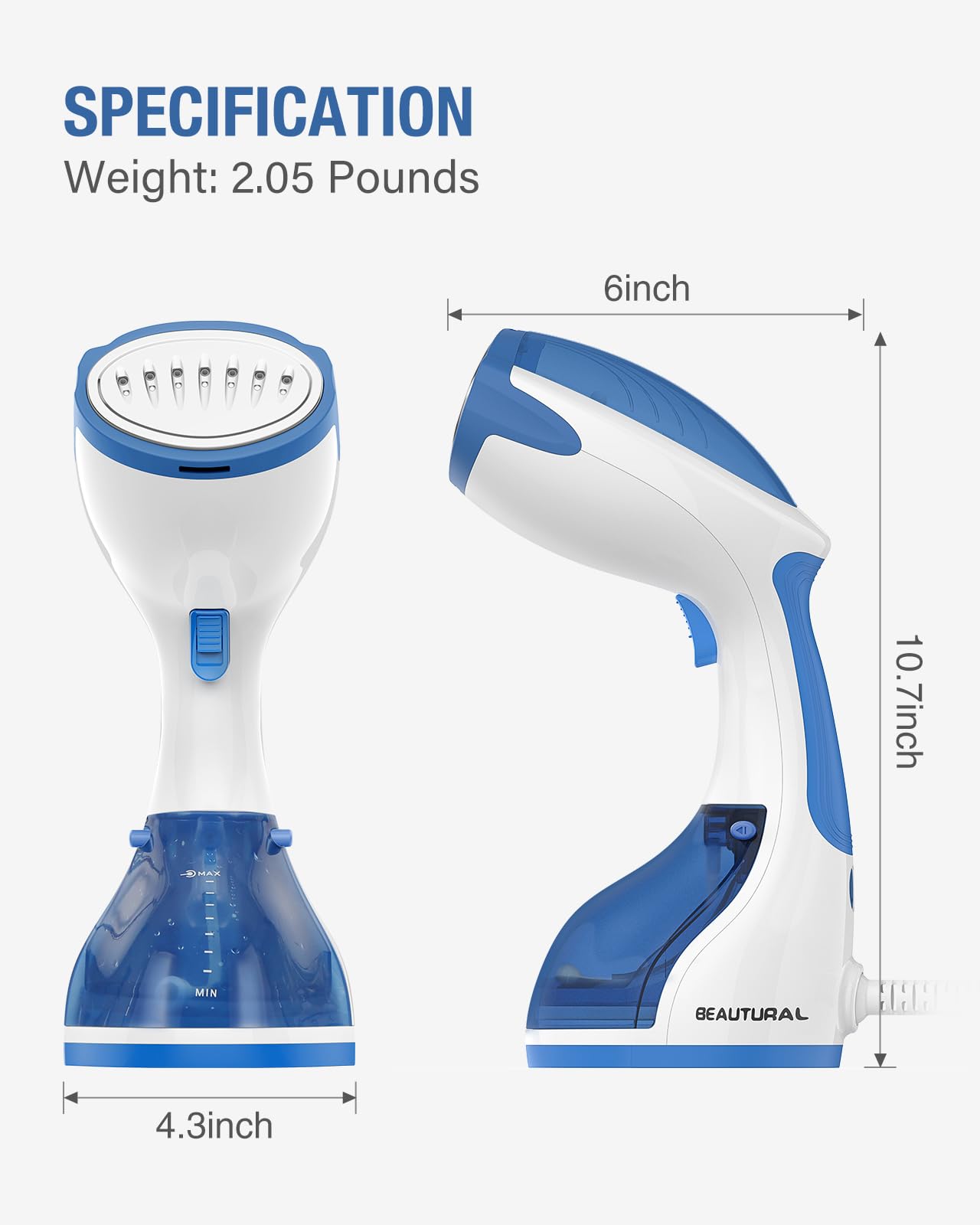 BEAUTURAL Steamer for Clothes, Portable Handheld Garment Fabric Wrinkles Remover, 30-Second Fast Heat-up, Auto-Off, Large Detachable Water Tank