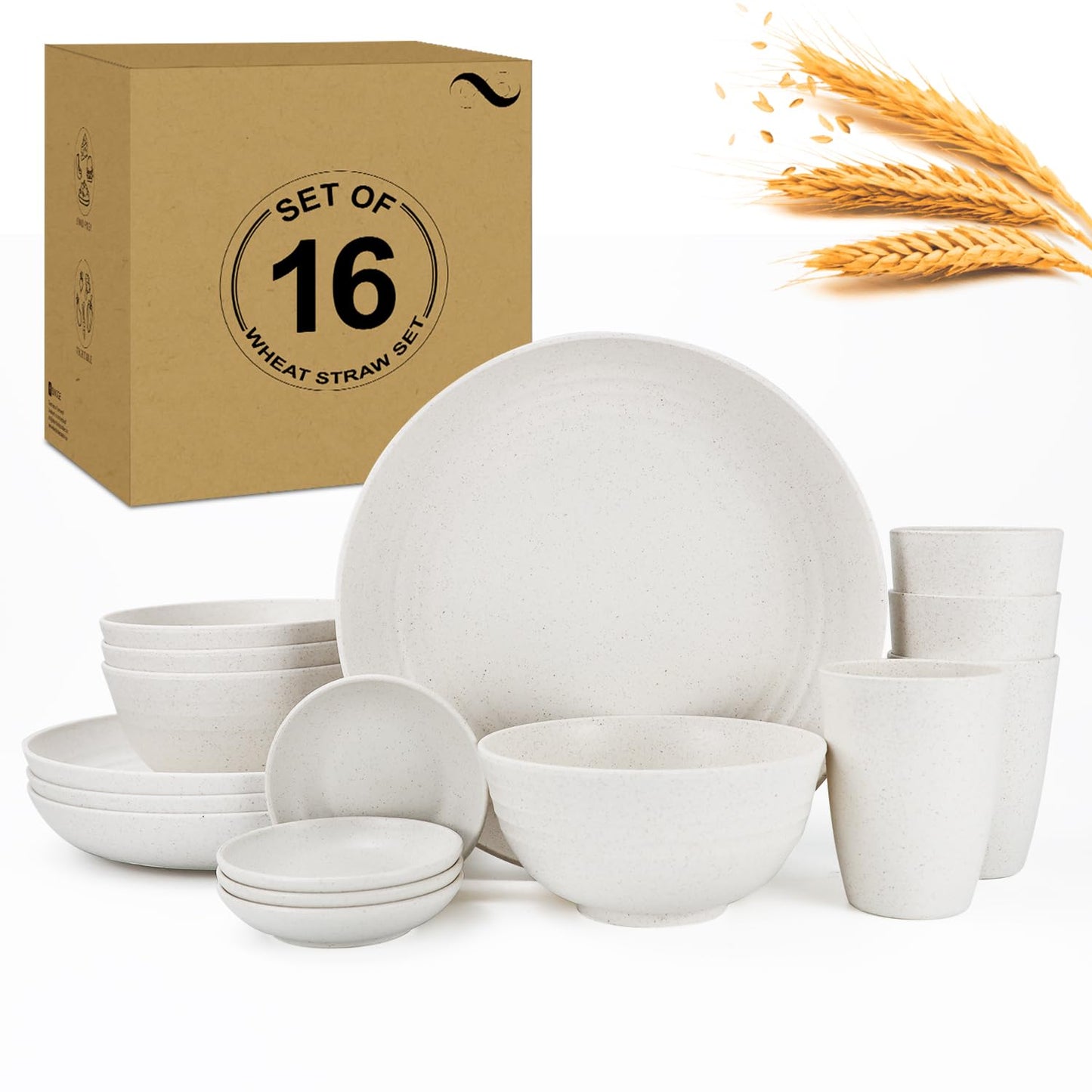 28 Piece Wheat Straw Dinnerware Sets,Dishwasher & Microwave Safe Plates and Bowls Sets - Unbreakable Plastic Dinnerware Sets for 4 Dinner Plates, Cups, Cereal Bowls - Colorful Series