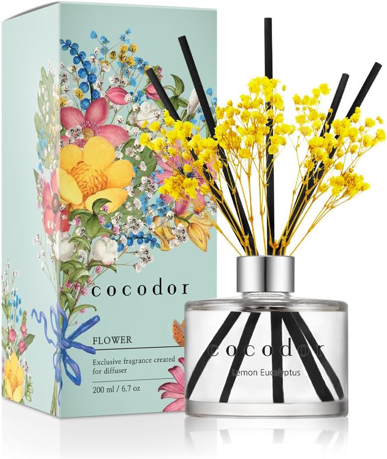COCODOR Flower Reed Diffuser Set / 6.7oz / White Jasmine/Scent Diffuser with Sticks Home Fragrance Reed Diffuser for Bathroom Shelf Decor