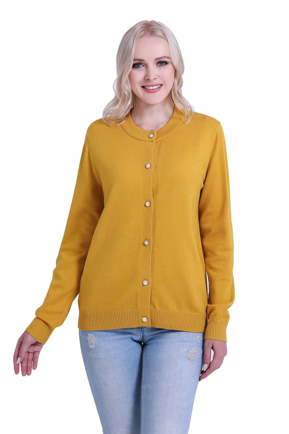 SMILING PINKER Women Cardigan Sweater Crewneck Pearl Button Knitted Tops Medium Weight