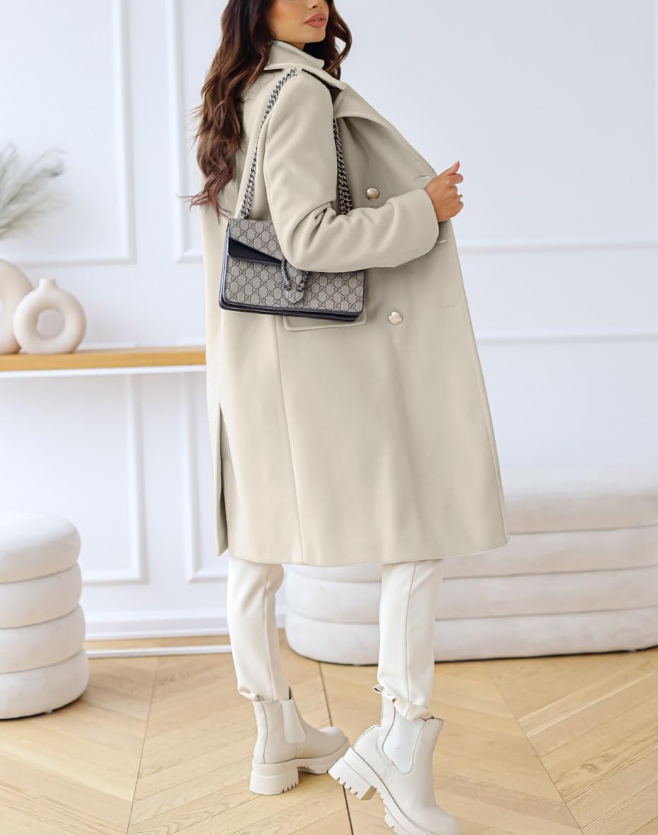 chouyatou Damen Wintermantel mit Revers, zweireihig, für Büro und Arbeit, lang, Wolle, Peacoat