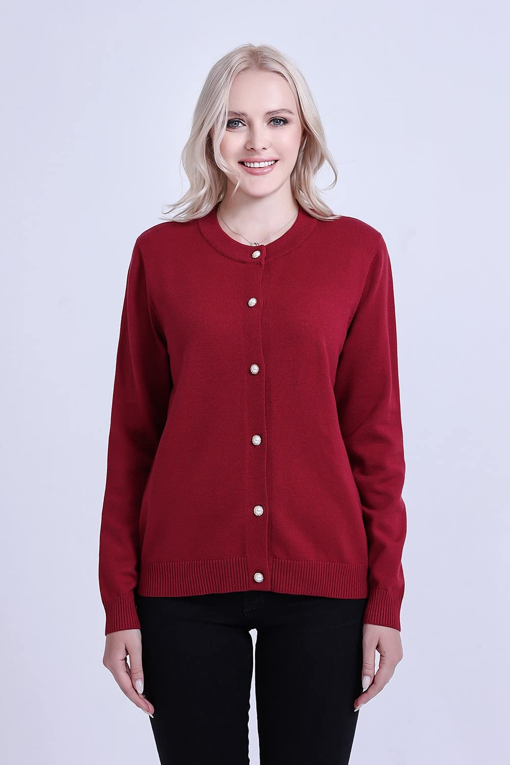 SMILING PINKER Women Cardigan Sweater Crewneck Pearl Button Knitted Tops Medium Weight