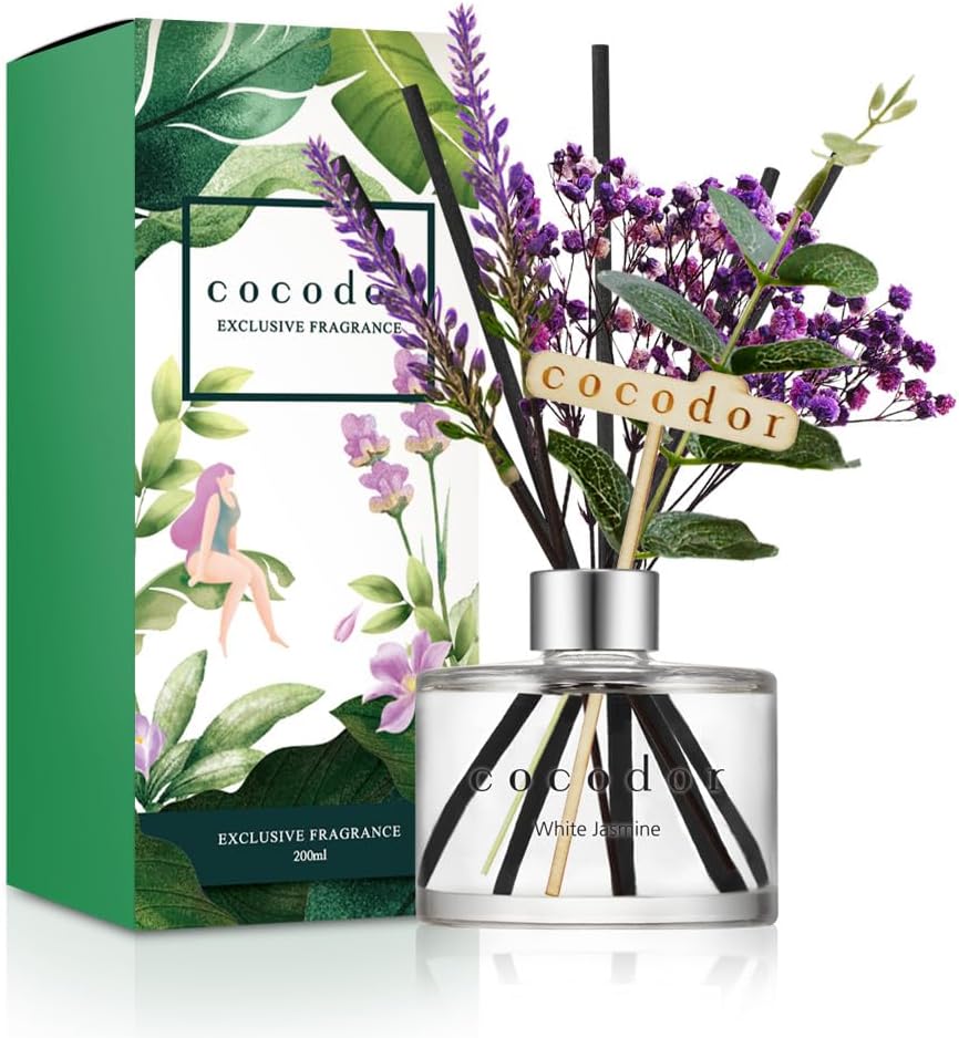 COCODOR Flower Reed Diffuser Set / 6.7oz / White Jasmine/Scent Diffuser with Sticks Home Fragrance Reed Diffuser for Bathroom Shelf Decor