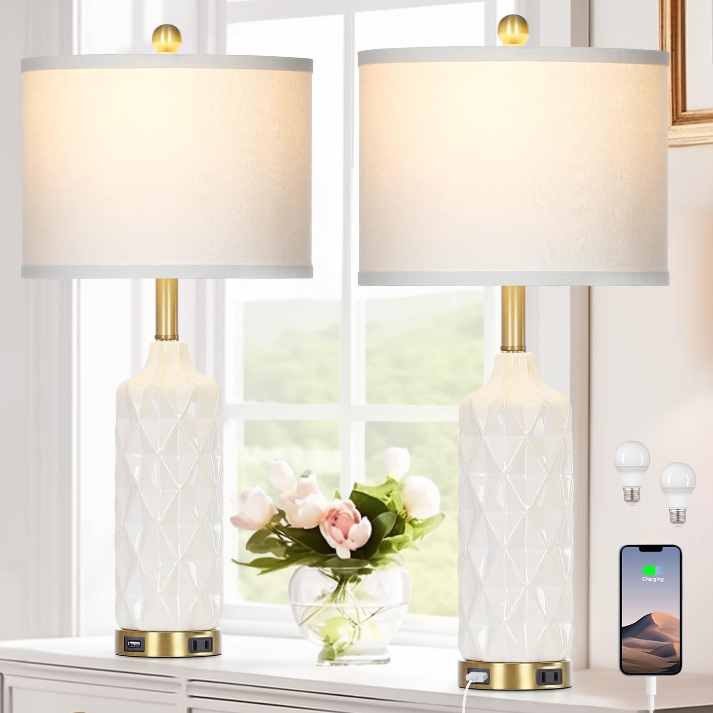 27-Zoll-Tischlampen aus Glas, 2er-Set mit Nachtlicht, moderne Nachttischlampen mit 3-Wege-Touch-Steuerung, USB-A+C-Anschlüssen und AC-Steckdose, gelbe Nachttischlampen im Boho-Stil für das Wohnzimmer im Schlafzimmer