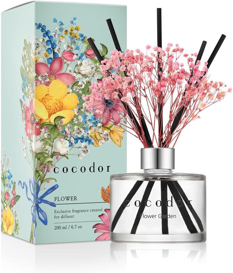 COCODOR Flower Reed Diffuser Set / 6.7oz / White Jasmine/Scent Diffuser with Sticks Home Fragrance Reed Diffuser for Bathroom Shelf Decor