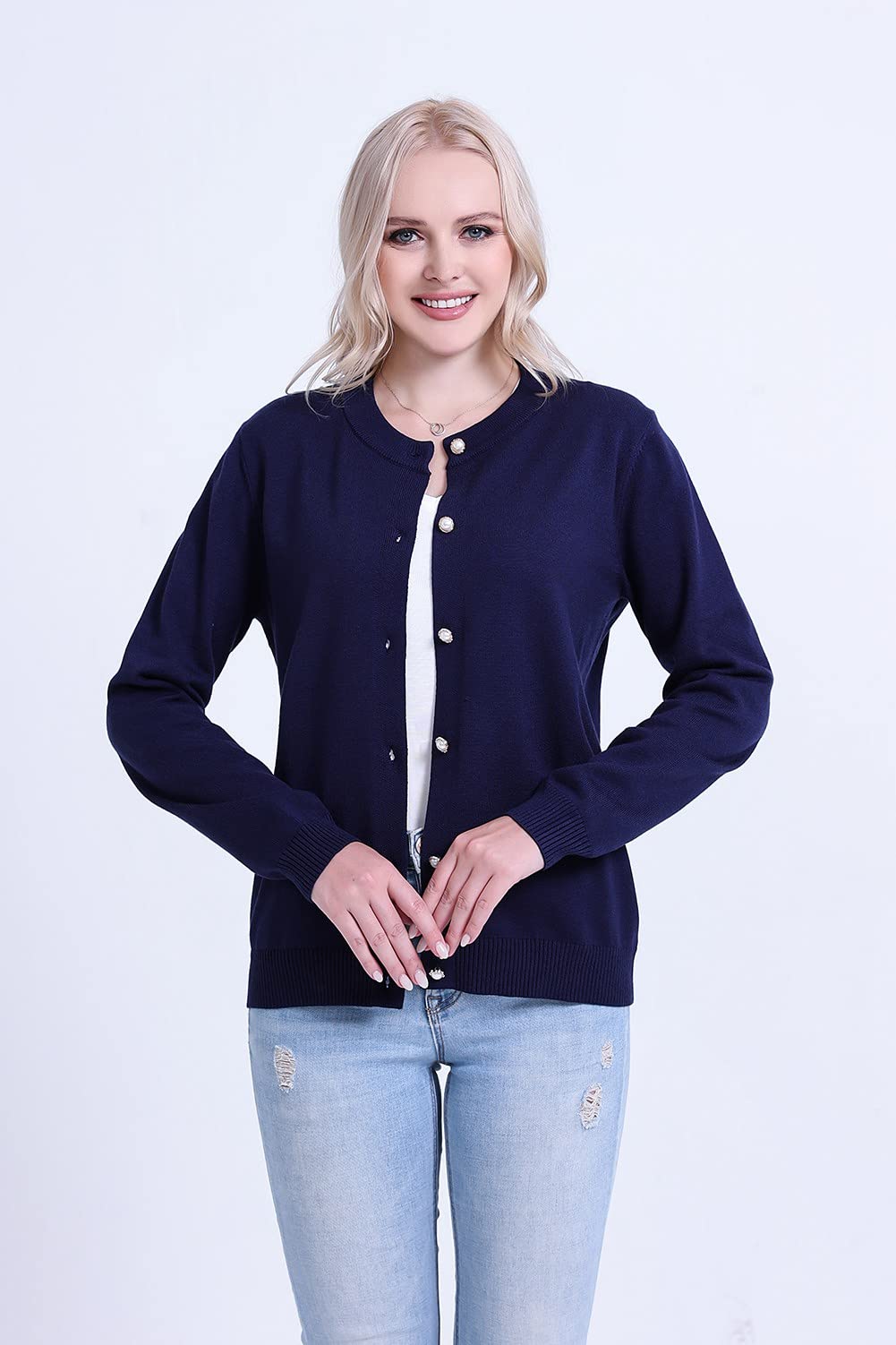 SMILING PINKER Women Cardigan Sweater Crewneck Pearl Button Knitted Tops Medium Weight
