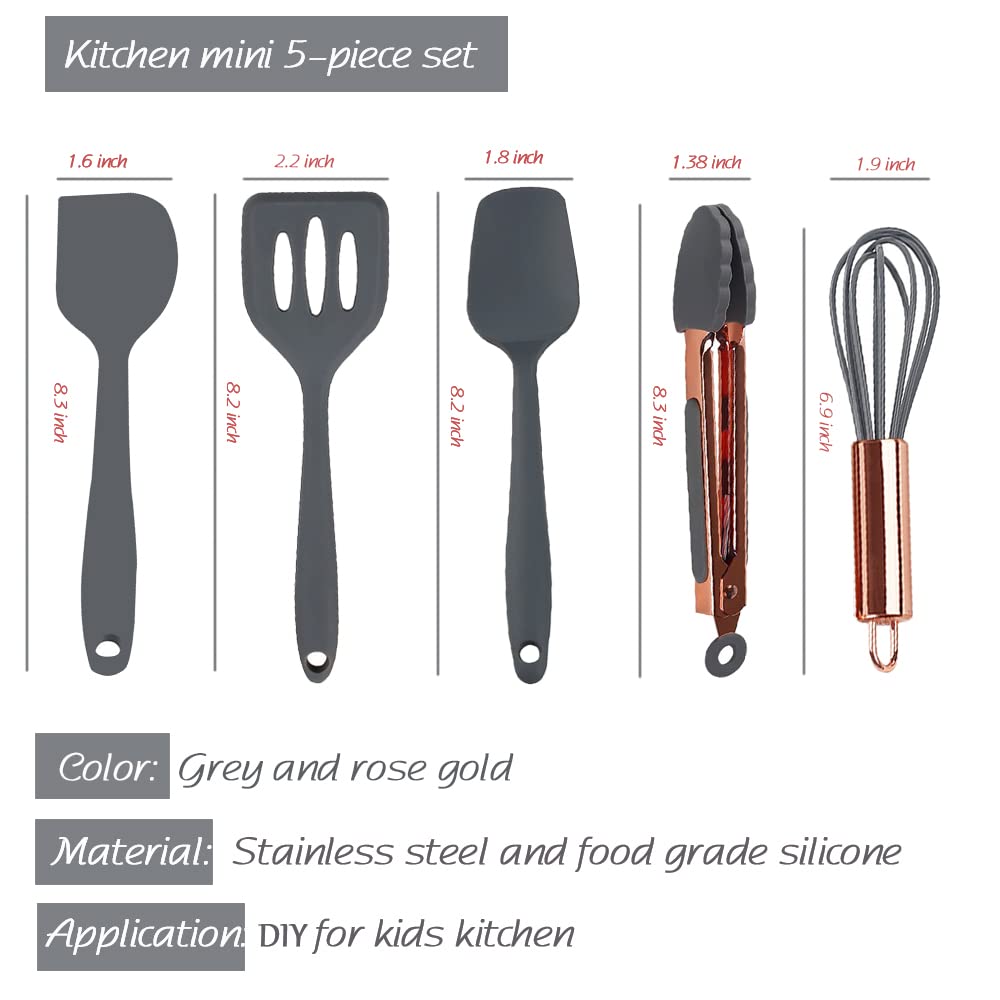 Mini-Küchenhelfer in Roségold und Grau, kleines fünfteiliges Set, winzige Küchenwerkzeuge aus Silikon für Kinder, Schneebesen, Spatel, Zange, Löffel und Schlitzspatel zum Kochen (Backzubehör für Kinder), Grau